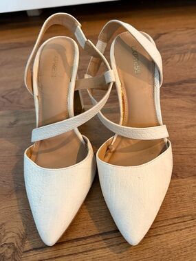 Express White Pointed Toe Cross-Strap Heels